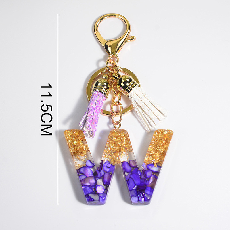 Brelocuri rafinate din rășină cu 26 de litere Brelocuri pentru femei, de culoare auriu violet, ornamente pentru genți, accesorii, brelocuri cu ciucuri