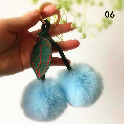 Divat Új aranyos bolyhos műnyúl szőrme golyó cseresznye pompon levél kulcstartó kézitáska medál gyümölcs bűbáj autós kulcstartó gyűrű