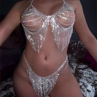 Vairumtirdzniecība Sexy Rhinestone ķēdes ķermeņa apakšveļas komplekts sirds ķermeņa rotaslietas sievietēm Modes bikini apakšveļa Bling Crystal krūštura siksna