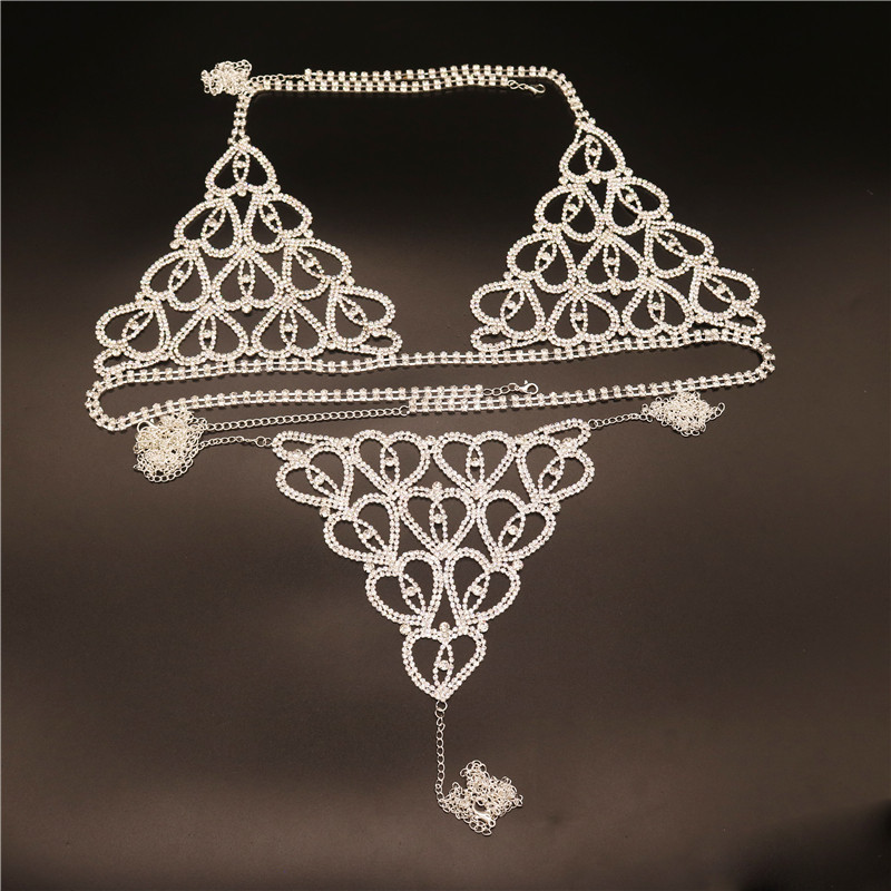 Didmeninė prekyba seksualus Kalnų krištolas grandinės apatinio trikotažo rinkinys Širdies kūno papuošalai moterims Madingi bikiniai apatiniai Bling Crystal liemenėlės stringai