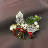Új, kézzel készített zománcozott karácsonyi ünnepi ajándék Qrnaments Holly Leaf Pearl bross