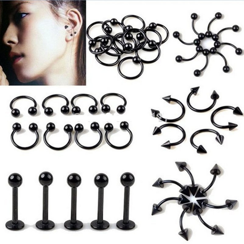 10 db/tétel Fekete Rozsdamentes Acél szemöldök Orrgyűrű Tragus Fülbevaló Helix Cartilage Lip Labret Stud Mellbimbó Piercingek Testékszerek