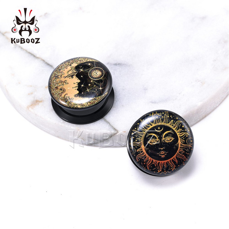 KUBOOZ Klasszikus Akril Golden Sun Moon Füldugók Piercing Test Ékszer Alagutak Fülbevaló Mérők Bővítő Hordágy 6-30mm 2 DB