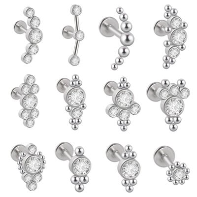 12PCS G23 Titanium&Steel 16G Cz Labret Lip Ring Crystal Cluster Ušna Hrskavica Tragus Helix Naušnice Piercing Vijak Fit Top 16g