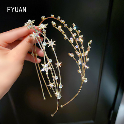 FYUAN Корейски стил Звездни кристални ленти за коса за жени Leaf Branch Rhinestone Сватбени шапки Аксесоари за коса Бижута