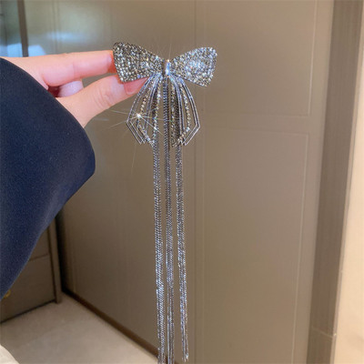 FYUAN Fashion Bowknot Rhinestones Fibs Дамски дълъг пискюл Златисто черен цвят Верига Аксесоари за коса Изящни бижута