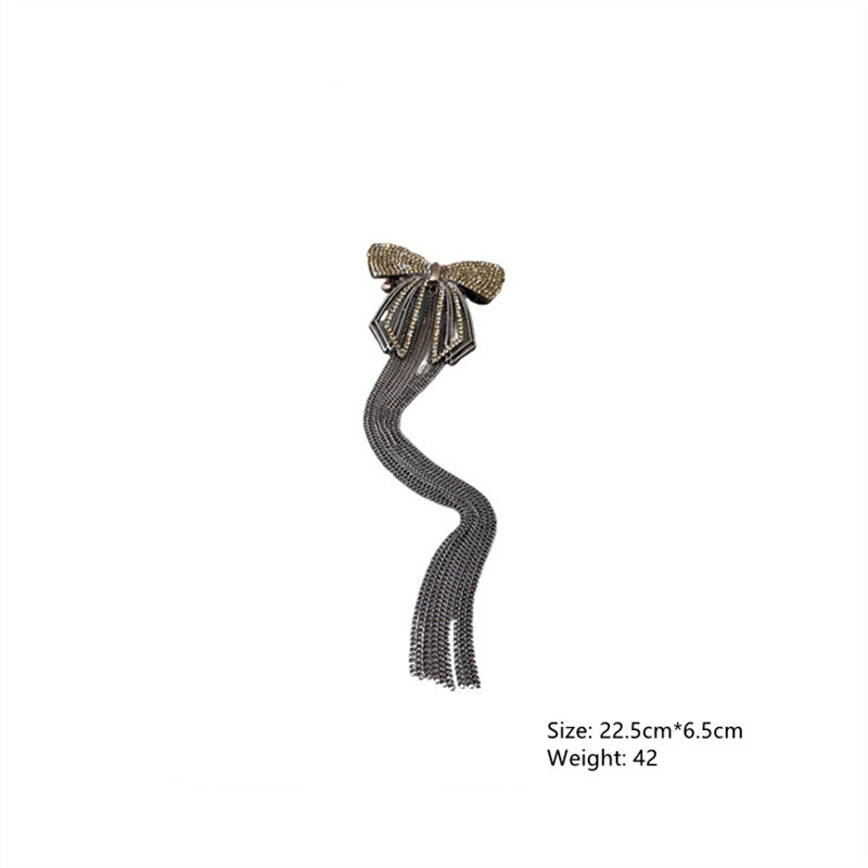FYUAN Fashion Bowknot Rhinestones Fibs Дамски дълъг пискюл Златисто черен цвят Верига Аксесоари за коса Изящни бижута