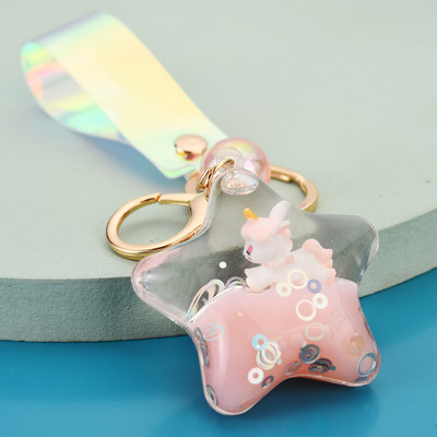 Breloc cu unicorn cu nisip lichid în mișcare, cu sclipici, stea cu cinci colțuri, breloc plutitor pentru femei, pandantiv pentru geantă, cadou pentru copii