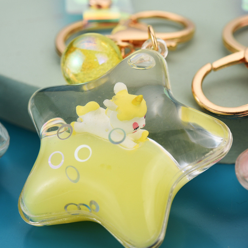 Breloc cu unicorn cu nisip lichid în mișcare, cu sclipici, stea cu cinci colțuri, breloc plutitor pentru femei, pandantiv pentru geantă, cadou pentru copii