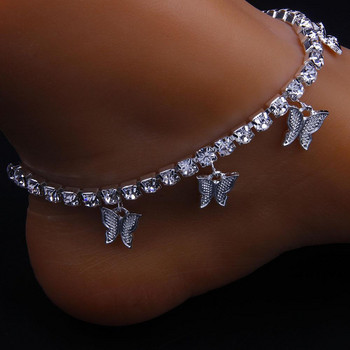 INS Fashion Butterfly Glezen Rhinestone Tennis Chain Foot Chain Jewelry for Women Summer Beach Anklet Butterfy Barefoot Chain