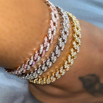 Flatfoosie Fashion Bling Iced Out Rhinestone Glezen за жени злато сребърен цвят Cuban Link Anklet Боси сандали бижута за крака