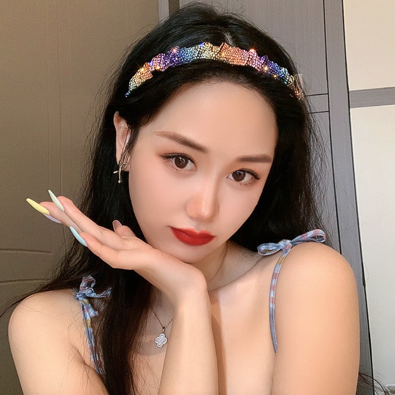 FYUAN Vintage Rainbow Colorful Rhinestone Hairbands за жени Кадифени шапки Аксесоари за коса Бижута