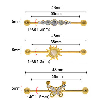 16G 1.6*36mm Butterfly Sun Colorful CZ Industrial Barbell Earth Helix-Conch Piercing Bar Earring Stud Body Jewelry