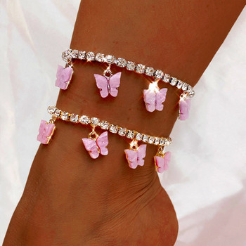 Flatfoosie Bling Rhinestone Cherry Butterfly Anklet за жени Луксозна кристална верига Гривна за глезена Плажна верига за боси крака Бижута