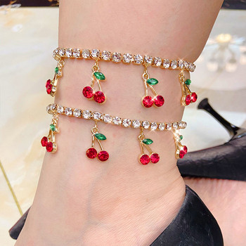 Flatfoosie Bling Rhinestone Cherry Butterfly Anklet за жени Луксозна кристална верига Гривна за глезена Плажна верига за боси крака Бижута