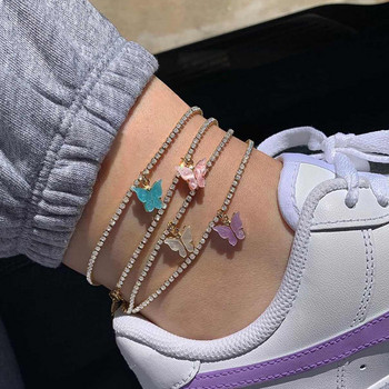 Flatfoosie Bling Rhinestone Cherry Butterfly Anklet за жени Луксозна кристална верига Гривна за глезена Плажна верига за боси крака Бижута