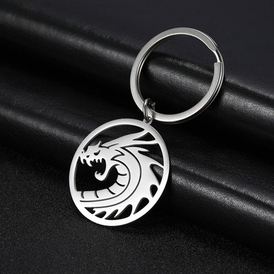 SKYRIM kínai sárkány orrszarvú kerek autós kulcstartó állat rozsdamentes acél kulcstartó kulcstartó tartó medál unisex táskához