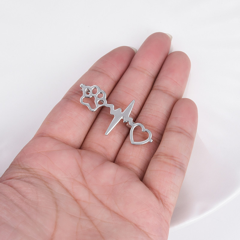 Hanreshe Ace pentru broșă cu labe de inimă drăguță pentru animale de companie ECG placate cu argint, bijuterii creative medicale veterinare pentru femei, fete