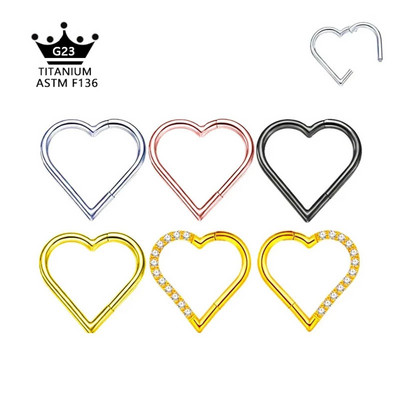 ASTM F136 G23 Titanium Daith CZ Heart Earring Септум Носни пръстени Hoop Tragus Stud Степен на имплантиране Пиърсинг на ушната спирала 16G