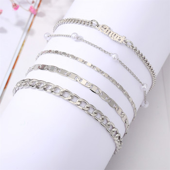 IFMYA New 5Pcs/Set Vintage Old English Pearl Multilayer Гривни Комплект Trend Golor Цвят или Сребрист Цвят Дамски Гривни Подаръци