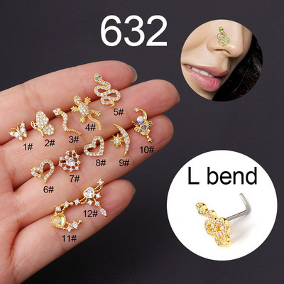 1db New Fashion SL alakú orrcsapok Piercing rozsdamentes acél 20G kígyó cirkon orrlyuk csavar indiai orrgyűrű piercing ékszer