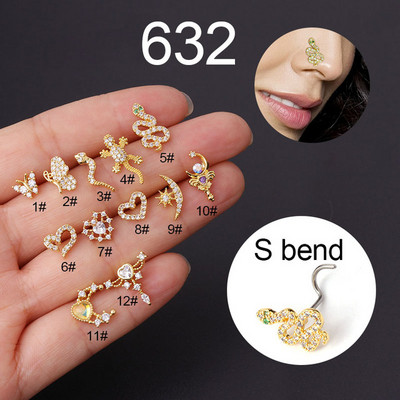 1db New Fashion SL alakú orrcsapok Piercing rozsdamentes acél 20G kígyó cirkon orrlyuk csavar indiai orrgyűrű piercing ékszer