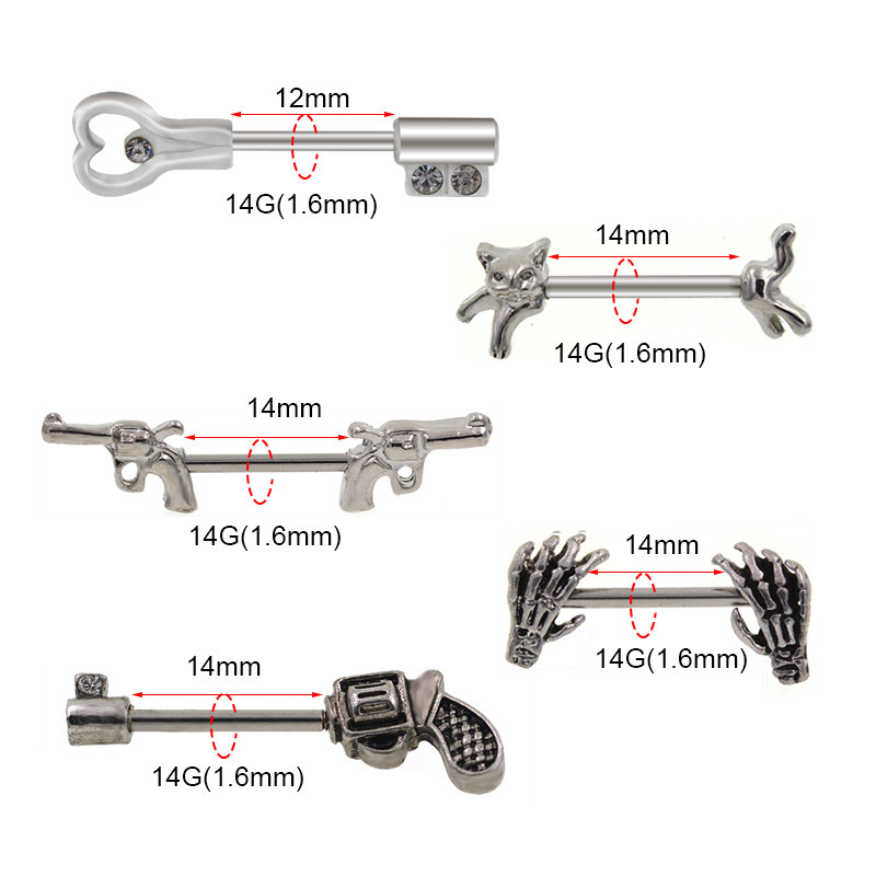 1 pár 5 választási pisztoly kulcs alakú kézi mellbimbó piercing pisztoly piercing 14G 1,6x12/14 mm fertőzésmentes test ékszer súlyzók
