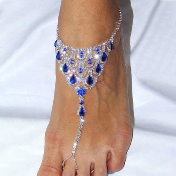 Stonefans Blue Royal Blue Rhinestone Barefoot Anklet Sandal Сватбени високи токчета Toe Ring Glezen Гривна на крака Верижка Бижута