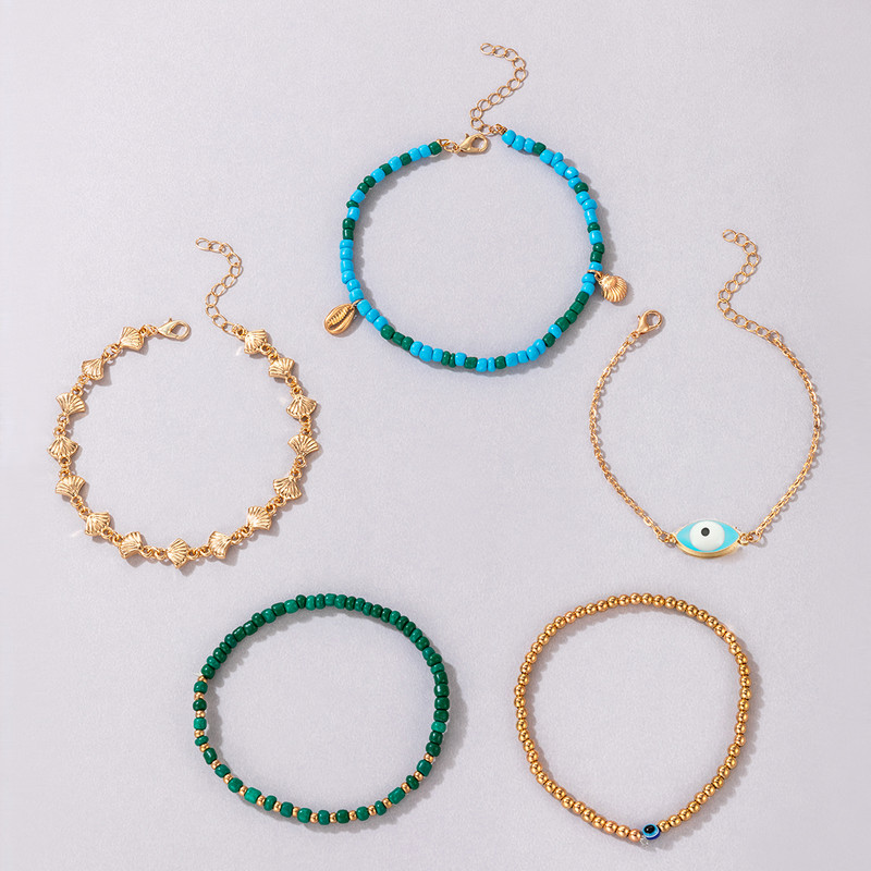 docona 5db Boho Shell medál kék gyöngyös bokalánc szett női többrétegű pulyka Evil Eye elasztikus láblánc strandékszer 8841