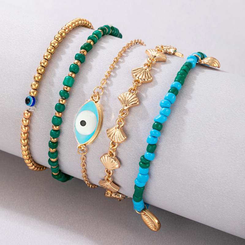 docona 5db Boho Shell medál kék gyöngyös bokalánc szett női többrétegű pulyka Evil Eye elasztikus láblánc strandékszer 8841