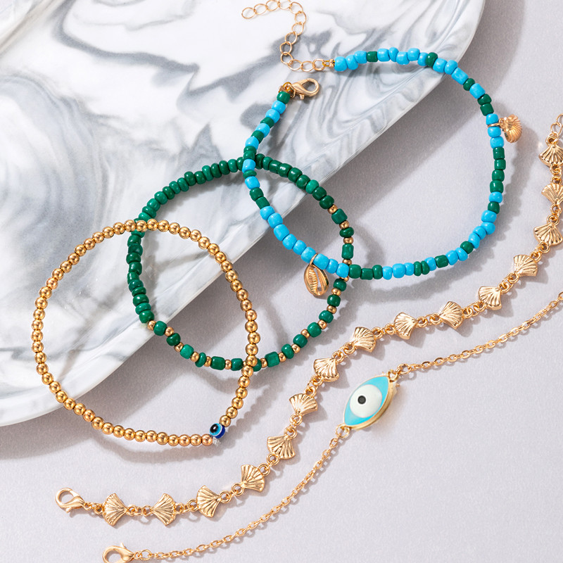 docona 5db Boho Shell medál kék gyöngyös bokalánc szett női többrétegű pulyka Evil Eye elasztikus láblánc strandékszer 8841