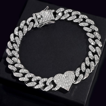 Модни нови Iced Out Heart Crystal Cuban Chain Glezens Гривна за жени Хип-хоп павирани планински диаманти Link Glezen Barefoot Jewelry