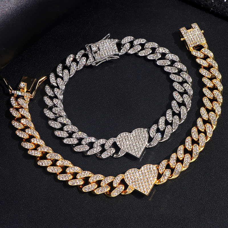 La modă, Iced Out, inimă, cristal, lanț cubanez, gleznă, brățară pentru femei, Hip Hop, pavată cu stras, gleznă, bijuterii desculțe