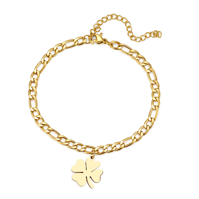 Trifoi din oțel inoxidabil gleznă, accesoriu cu lanț cubanez de modă, gleznă de plajă de vară pentru femei, bijuterii pentru picioare, cadouri pentru picioare de culoare aurie