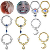 Inele pentru sept 16G Dangle Septum Blue Planet Clear CZ Oțel chirurgical 316L Star Daith Cercel Moon Helix Cercel Piercing pentru nas inel