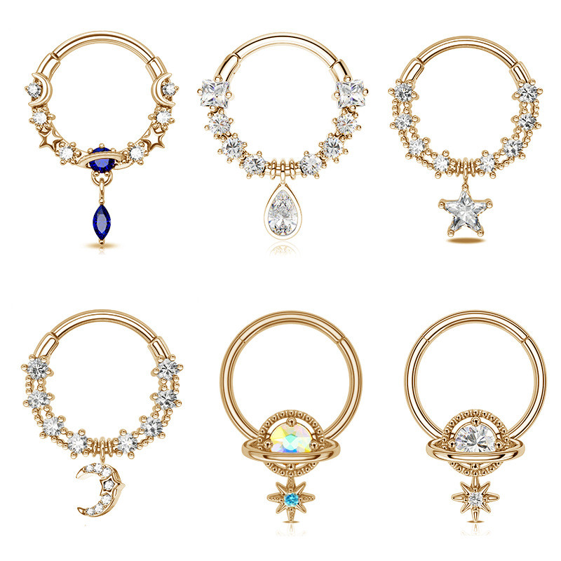 Inele pentru sept 16G Dangle Septum Blue Planet Clear CZ Oțel chirurgical 316L Star Daith Cercel Moon Helix Cercel Piercing pentru nas inel
