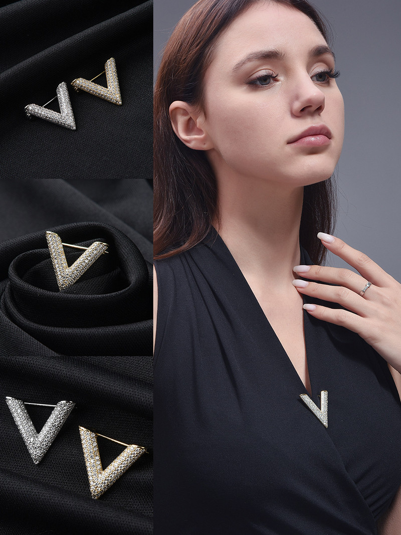 Visokokvalitetni cirkon, mali V broševi, kristalni nakit, kardigan, haljina protiv svjetla, dekolte, ovratnik, igla, kopča za šal, ženski dodaci