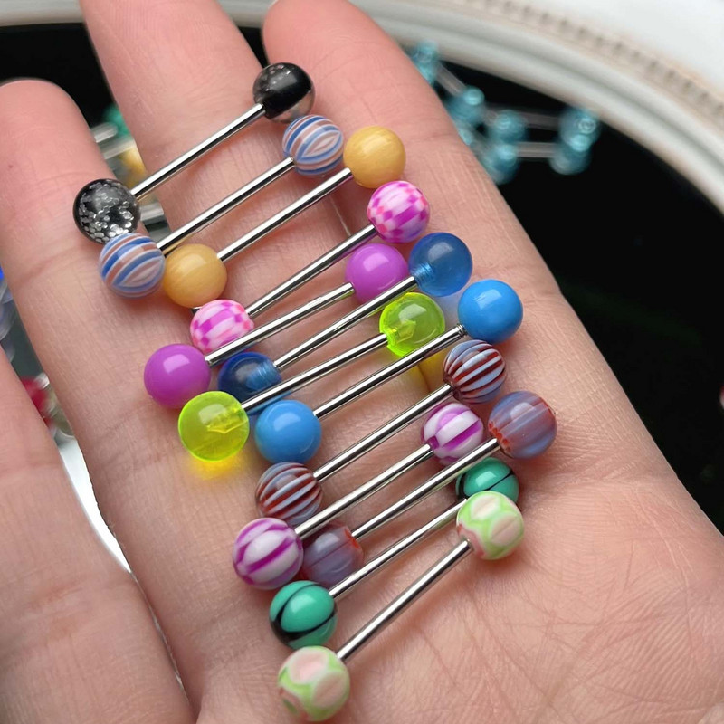 Nyelvpiercing 30db Színes rozsdamentes acél golyós súlyzógomb gyűrű rúd Sebészeti piercing Szexi testékszer nőknek