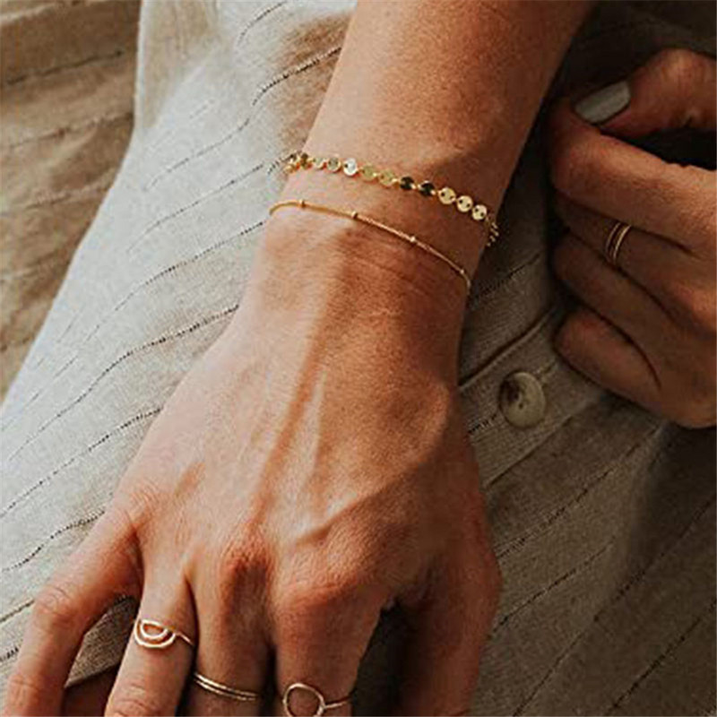 MinaMaMa Straturi duble din oțel inoxidabil cu paiete lanț de gleznă Lanț pentru picioare Yoga de vară Brățară pentru picior de plajă Breloc gleznă Bijuterii