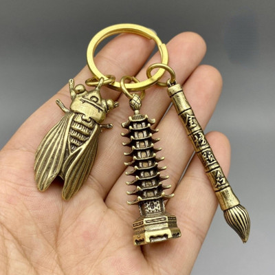 Alamă chinezească cu nouă etaje Turnul Wenchang Pandantiv Cicada Ajutor Studiu Tradițional Vintage Breloc pentru mașină Decor Cadou de succes pentru studenți