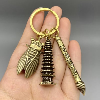 Alamă chinezească cu nouă etaje Turnul Wenchang Pandantiv Cicada Ajutor Studiu Tradițional Vintage Breloc pentru mașină Decor Cadou de succes pentru studenți