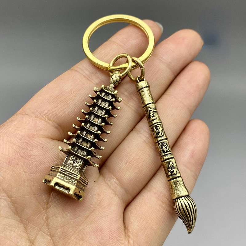 Alamă chinezească cu nouă etaje Turnul Wenchang Pandantiv Cicada Ajutor Studiu Tradițional Vintage Breloc pentru mașină Decor Cadou de succes pentru studenți