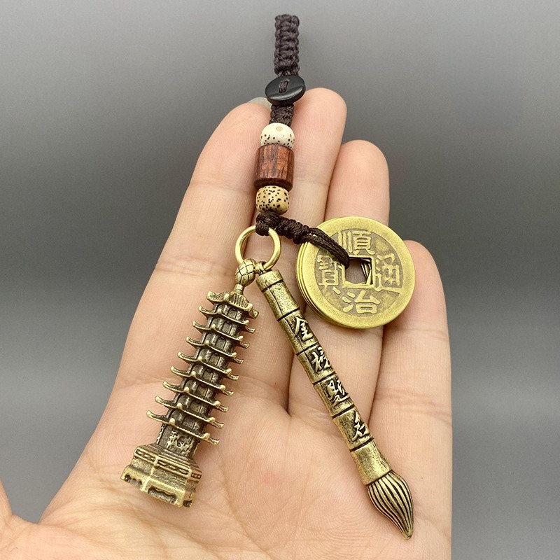 Alamă chinezească cu nouă etaje Turnul Wenchang Pandantiv Cicada Ajutor Studiu Tradițional Vintage Breloc pentru mașină Decor Cadou de succes pentru studenți