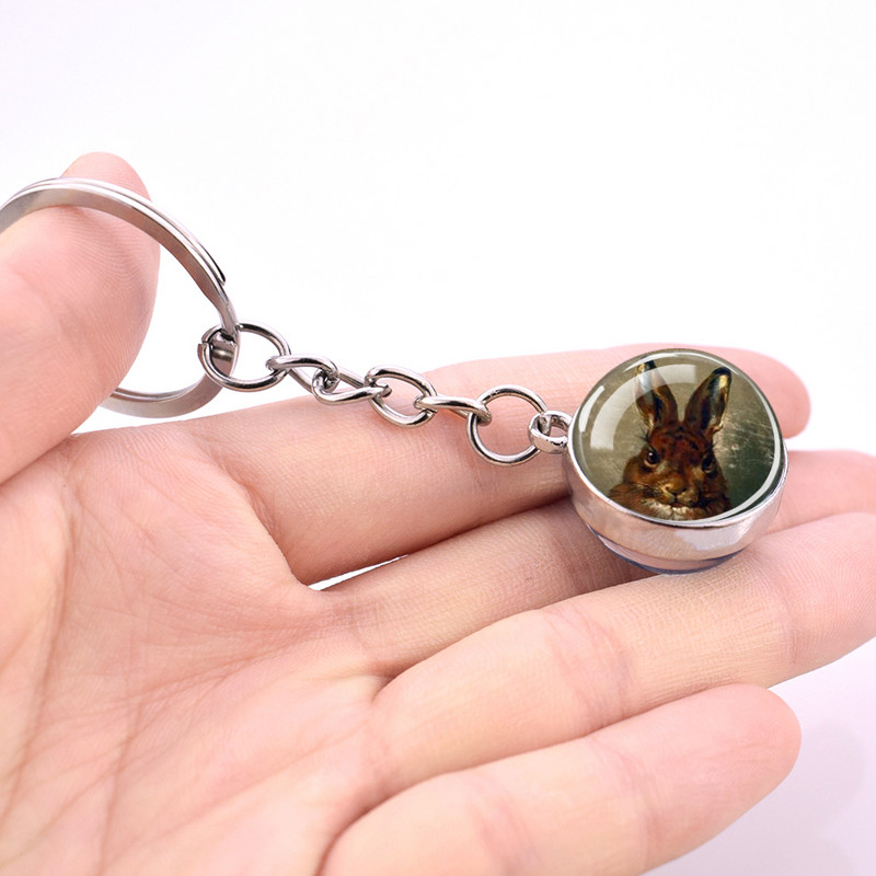 Esspoc Iepure Ball Sticlă Pandantiv Retro Iepuraș Pictură Breloc Zodiac Iepure Breloc Cadouri de aniversare pentru prieteni Bijuterii pentru copii
