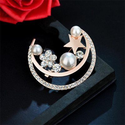 Nouă broșă elegantă cu perle de lună cu stras pentru femei, steaua de cristal, ace de rever, bijuterii de modă coreeană, accesorii pentru îmbrăcăminte