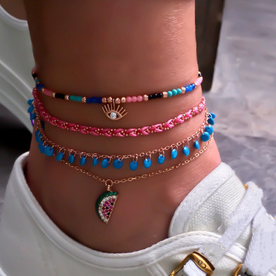 Docona Boho 4 buc/seturi gleznele colorate cu margele de vară pepene verde ochi pandantiv frânghie picioare brățări accesorii femei 8369