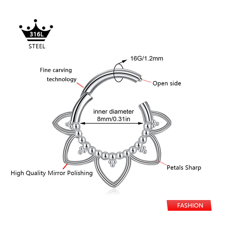 WaterDrop Flower Moon Heart CZ Zircon Punk Inele pentru nas Septum Hoop Cercei Daith Conch Piercing Stud 16G