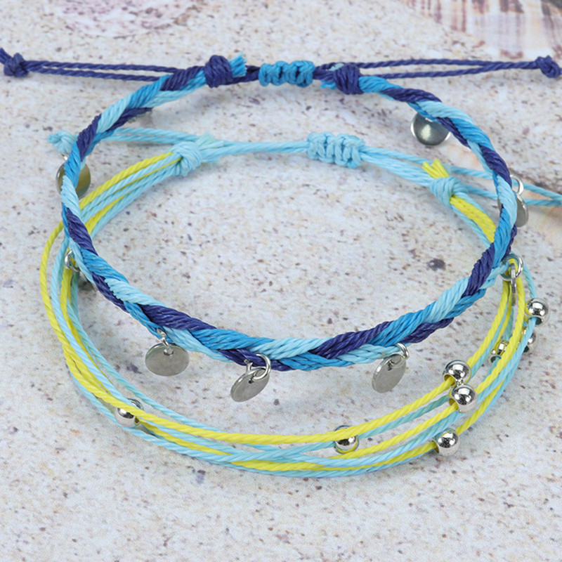 4 bucăți/set, lucrat manual, rezistent la apă, gleznă țesătă, gleznă din oțel inoxidabil, farmece rotunde, brățară boema pentru femei, bijuterii de plajă