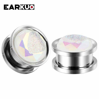 EARKUO új luxus rozsdamentes acél héj opál kristály fülcsavar dugók mérők testpiercing ékszer fülbevaló alagút bővítők 2 DB