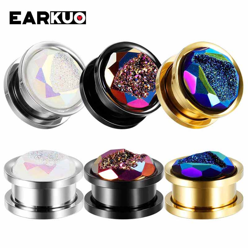 EARKUO új luxus rozsdamentes acél héj opál kristály fülcsavar dugók mérők testpiercing ékszer fülbevaló alagút bővítők 2 DB